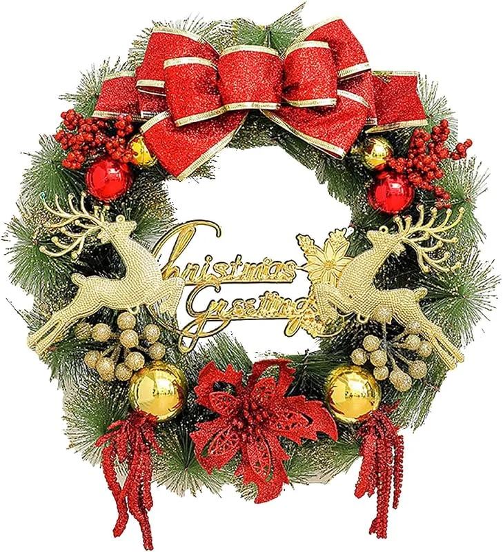 Generic Corona de Navidad festiva con bolas brillantes, elegante lazo, ideal para puerta de casa, así como decoración de pared en Adviento (B, talla única) — Decoracion Navidad