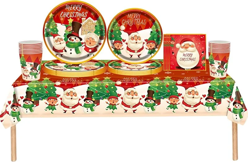 yayafunfun Juego de 69 piezas de vajilla de papel de Navidad, mantel de plástico, platos de papel, servilletas, servilletas y tazas, decoración de Feliz Navidad, Santa Elfo, juego de vajilla roja para invierno — Adviento y mesa