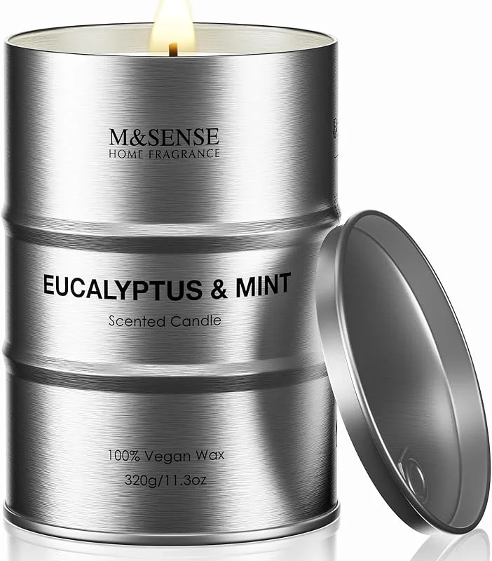 M&SENSE Eucalipto y Menta Velas Aromáticas de Soja 320g, Regalos para amiga, Detalle San Valentín para Él y Día del Padre, Vela en Lata de Metal 70h, Fragancia de Aromaterapia Fresca y Revitalizante — Cena a la luz de velas