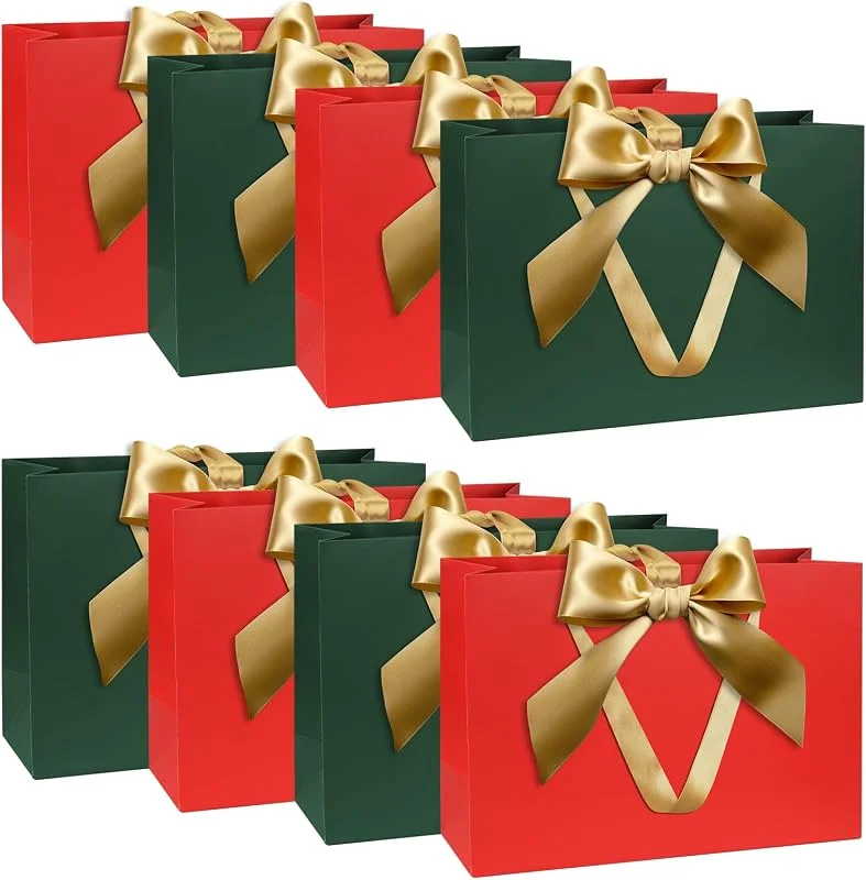 Visita la tienda de KISPATTI Juego Bolsas Regalo, Bolsa Regalo Rojo Verde con Cinta Bolsa Regalo Rojo Verde con Asas 8 Piezas 30 x 20 x 10 cm Bolsas Regalo Grande para Navidad Cumpleaños Boda Aniversario — Envoltorio regalo