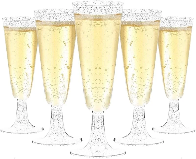 LATERN 50 Piezas Brillo Plateado Copas de Champán, 150ml Copas de Champán de Plástico Copas de Vino de Fiesta con Tallo Reutilizables para Fiestas de Aniversario Bodas Jardín (5, 5 x 16, 5cm) — Vino y mesa festiva