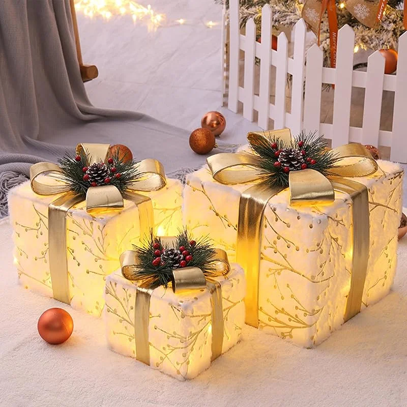 DXIA Juego de 3 Cajas de Regalo Iluminadas de Navidad, Cajas de Navidad Grande con Tapas y Adorno de Lazo, Caja de Regalo Navidad para Salas de Exposiciones y Decoración del Hogar, Oro — Envoltorio regalo