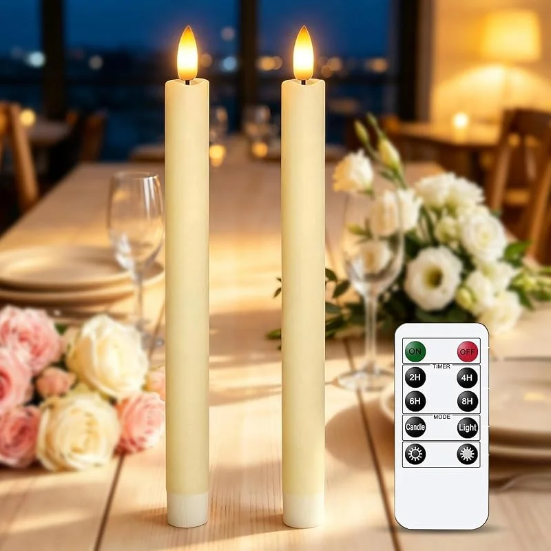 DIELOVEHUA 2 Piezas Velas LED, Velas Largas LED Sin Llama, Velass LEDs Largas con Temporizador, con Mando a Distancia, Funciona con Pilas, para Hogar Boda Navidad Banquetes Aniversarios — Cena a la luz de velas