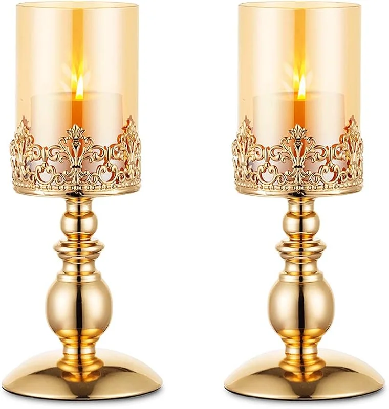 Visita la tienda de Nuptio Candelabros de Pilar con Vidrio, Juego de 2 Candelabros Oro para Huracanes Regalos para la Decoración del Hogar, Candelabro para el Aniversario Bodas Centros Mesa para Fiestas Casa, Tamaño Pequeño — Cena a la luz de velas
