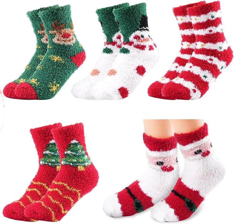 Hopton Calcetines esponjosos para mujer, 5 pares de calcetines de cama acogedores, calcetines de Navidad cálidos para dormir, calcetines de Navidad suaves y cálidos para mujeres y niñas, fiesta de — Decoracion Navidad