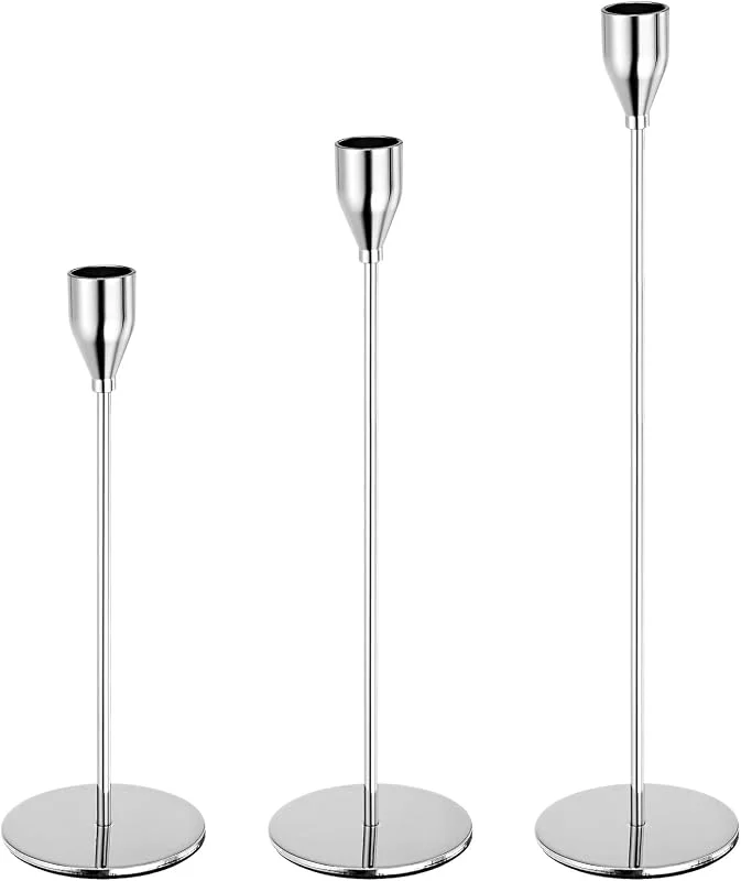 Visita la tienda de PATIKIL PATIKIL Candelabro plateado, portavelas cónico, juego de 3 portavelas de metal, se adapta a velas de 3, 4 pulgadas para decoración de centros de mesa, bodas, cenas y fiestas — Cena a la luz de velas