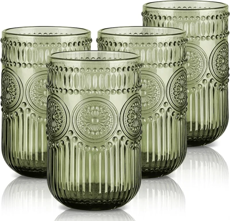 Visita la tienda de Joeyan Joeyan 410ml Vasos de Cristal agua Verde con Relieve Floral, Juego de 4 — Vino y mesa festiva