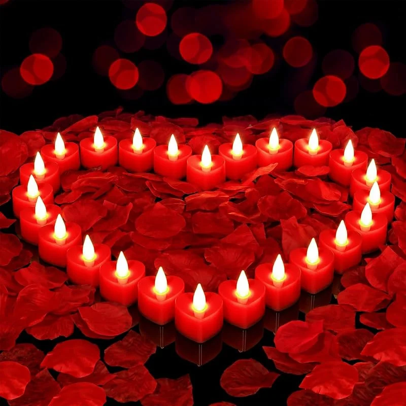 gobutend 2000 pétalos de rosa artificiales con 24 velas románticas rojas sin llama — Cena a la luz de velas