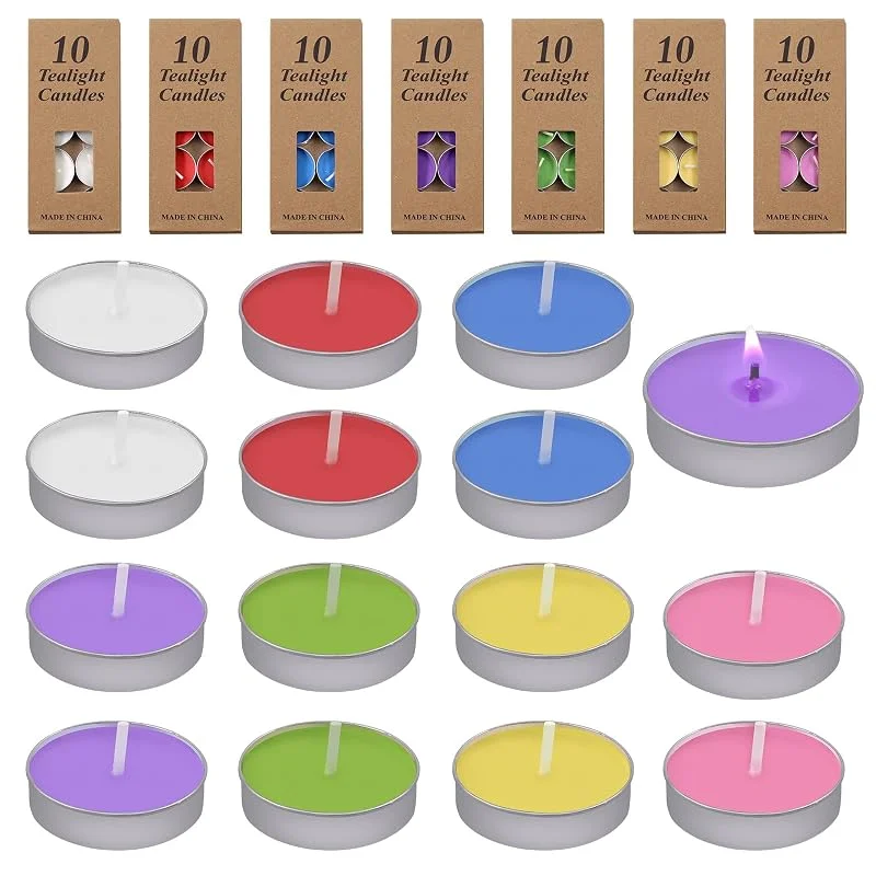 Swpeet Juego de velas de té de 70 piezas, 7 colores, 1, 43 pulgadas, sin scenta, luces de té de parafina, velas votivas de parafina para bodas, fiestas, aniversarios, decoración del hogar — Cena a la luz de velas