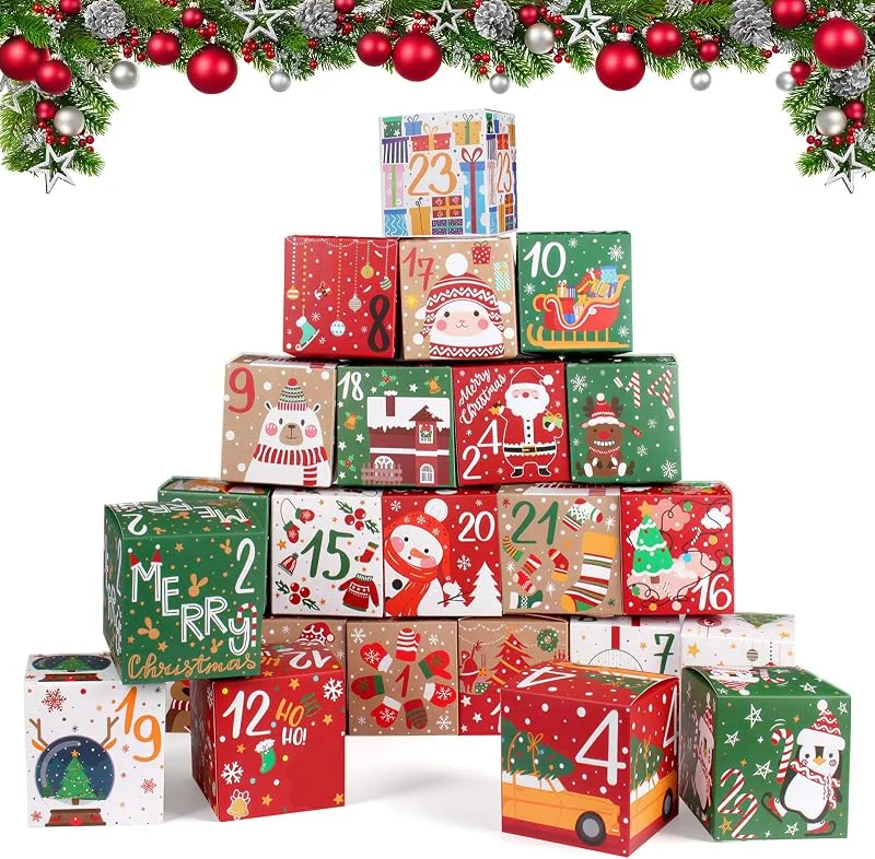 LQTSLFM 24 Cajas de Calendario de Adviento para Rellenar, Cajas Cuadradas Navidad — Adviento y mesa