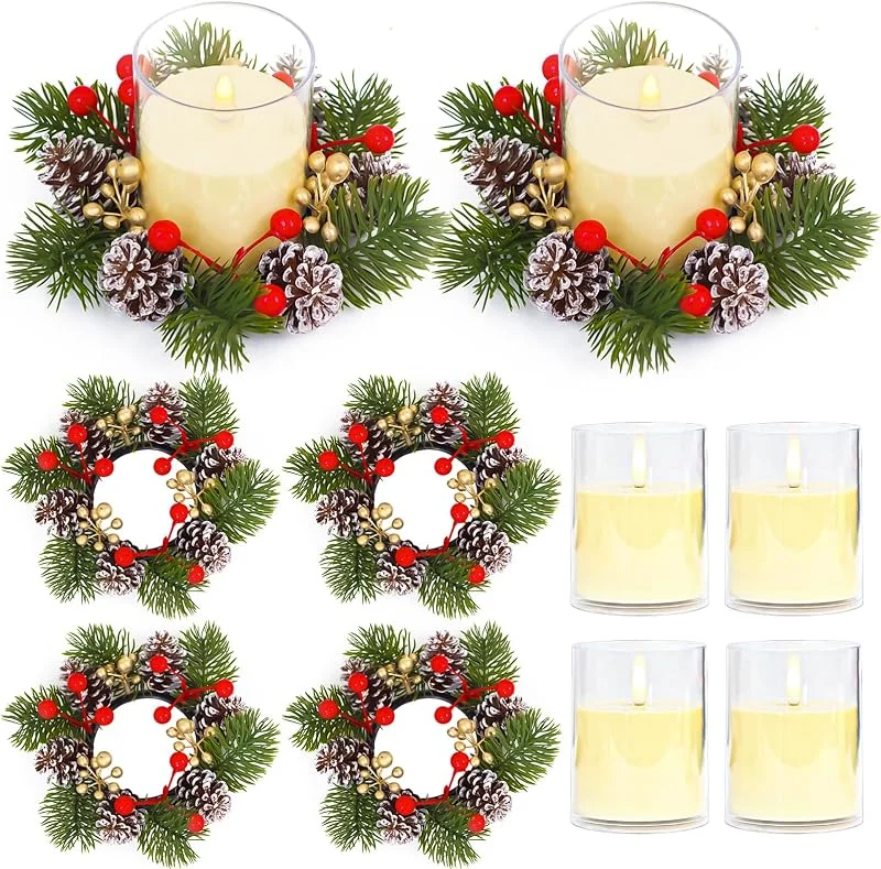 Acmee Juego de 4 anillos de vela de Navidad con velas sin llama, 8 piezas artificiales de bayas rojas doradas, piñas, coronas pequeñas, velas LED para centros de mesa de Navidad, festivales, invierno — Decoracion Navidad