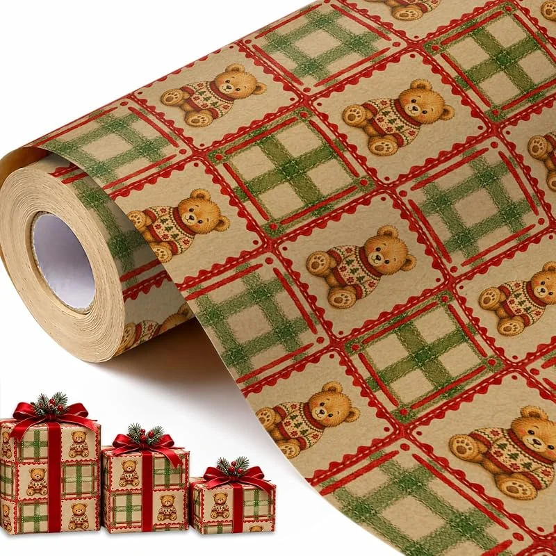 Xecamuvila Papel regalo navideño, rollo 43 cm x 5 m con osos y cuadros — Envoltorio regalo