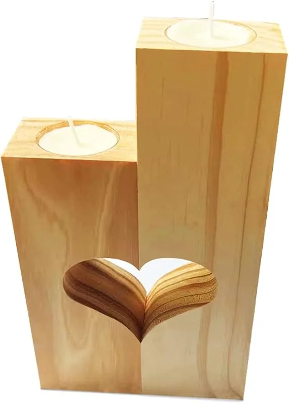 Anjuer Corazón Tealight Candelabro – Juego de 2 candelabros decorativos, regalos únicos para novia y esposa, decoración romántica, velas de té, 12 cm de altura de pino — Adviento y mesa