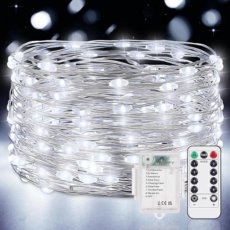 Visita la tienda de Vacoulery Luces LED Pilas 1 Pieza 12M 120 LED Guirnalda Luces Pilas 8 Modos Guirnalda Luces Interior con Temporizador y Control Remoto Guirnalda Luces LED para Navidad Interior Exterior Decoración(Blanco Frío) — Luces Navidad