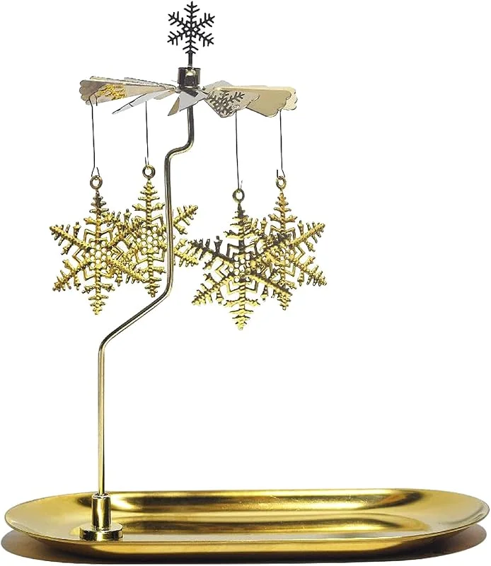 Holzsammlung Portavelas Giratorio Dorado, Carrusel de Velas Giratorias con Bandeja, Portavelas Navidad para Bodas, Decoración del Hogar, Regalos de Cumpleaños, Centro Navidad - Copo de Nieve — Cena a la luz de velas