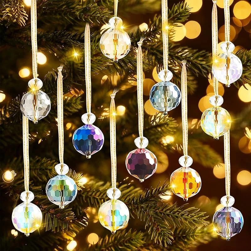 tlidfgeo 12 adornos colgantes de bolas de cristal para árbol de Navidad, adornos colgantes de bolas de cristal de prisma de Navidad, decoración colorida, decoraciones de árbol de Navidad para fiestas de — Decoracion Navidad