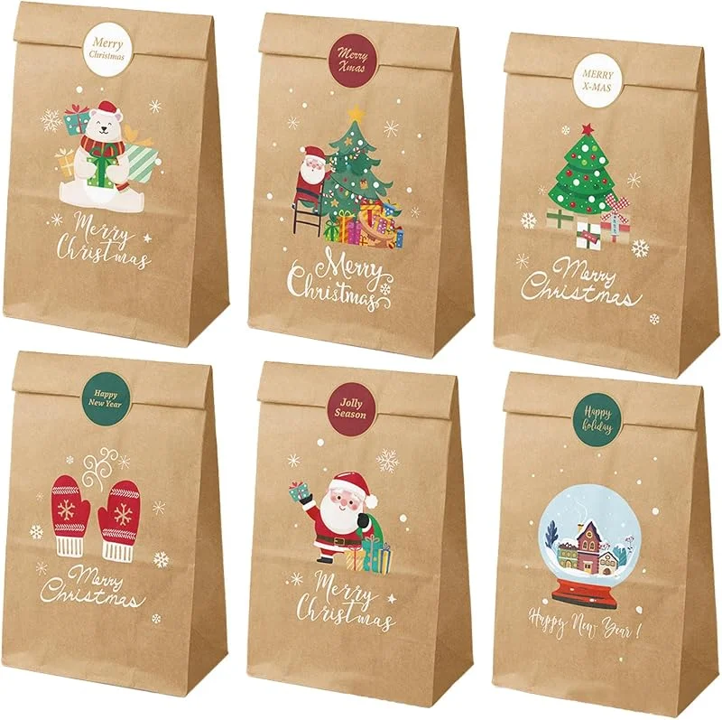 Visita la tienda de DOHE Dohe - Bolsas Regalos Navidad (12 uds.) - 12 Pegatinas para Cierre, Tamaño Pequeño 12x22 cm, 6 Diseños, Bolsas Rellenables para Fiestas, Cumpleaños, Chuches, Galletas, Dulces (Marrón Kraft) — Envoltorio regalo