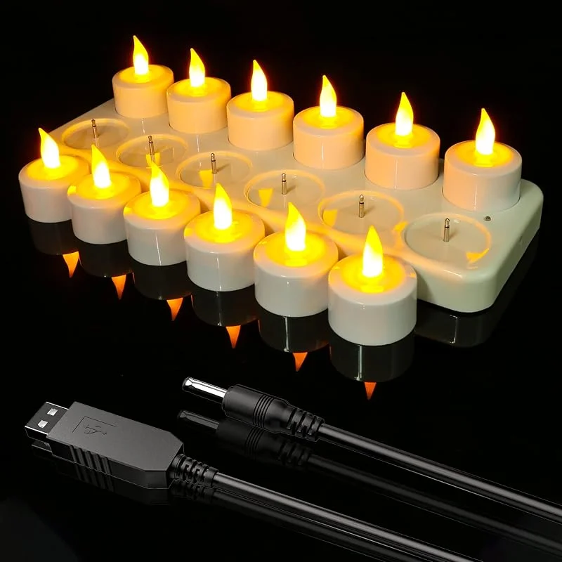 Ymenow Velas recargables por USB, 12 velas de té recargables sin llama, velas LED a pilas con estación de carga y cable USB para el hogar, bodas, Halloween, Acción de Gracias, decoraciones de Navidad — Cena a la luz de velas