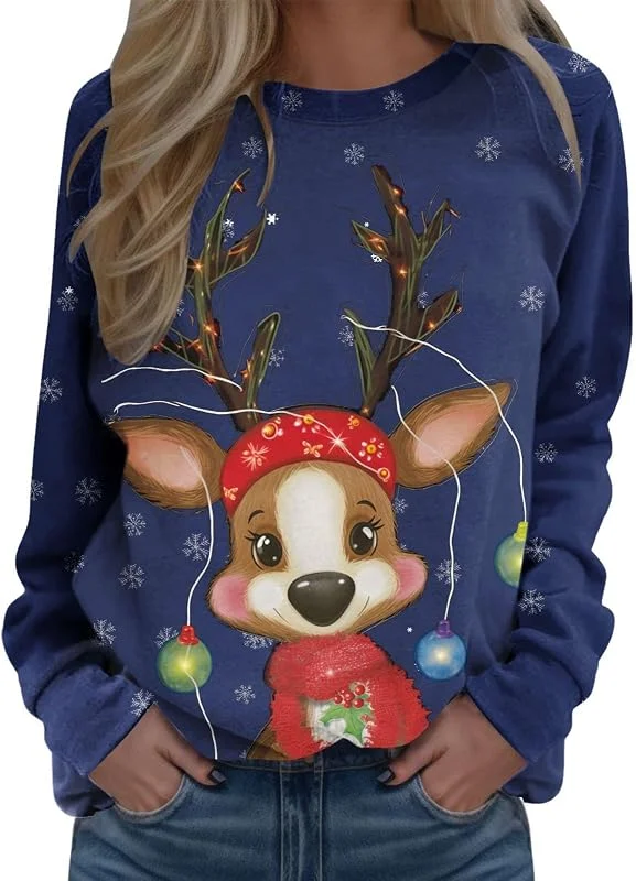 Generic HUIFUAO Sudaderas de Navidad para mujer, suéter de Navidad de manga larga con reno, talla grande, tops de Navidad para mujer, Azul #1, M — Ropa Navidad