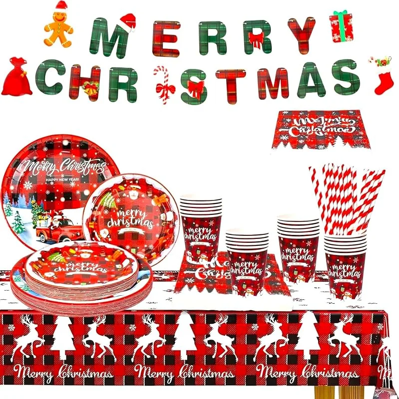 KAHEIGN 127 Piezas Vajilla de Papel para Fiestas Navideñas, 25 x 23CM Platos Grandes, 25 x 18CM Platos de Ensalada, 25 x 270ml Vasos, 25 x 16CM Servilletas y 20CM Pajitas, 1 x Mantel y Pancarta — Adviento y mesa