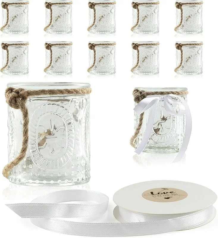 Visita la tienda de WeddingTree WeddingTree 12x Portavelas Decoracion con Soporte de Metal y Banda de decoración Blanca - Portavelas Cristal - Vela de té - para Bodas y Decoración de Mesa — Cena a la luz de velas