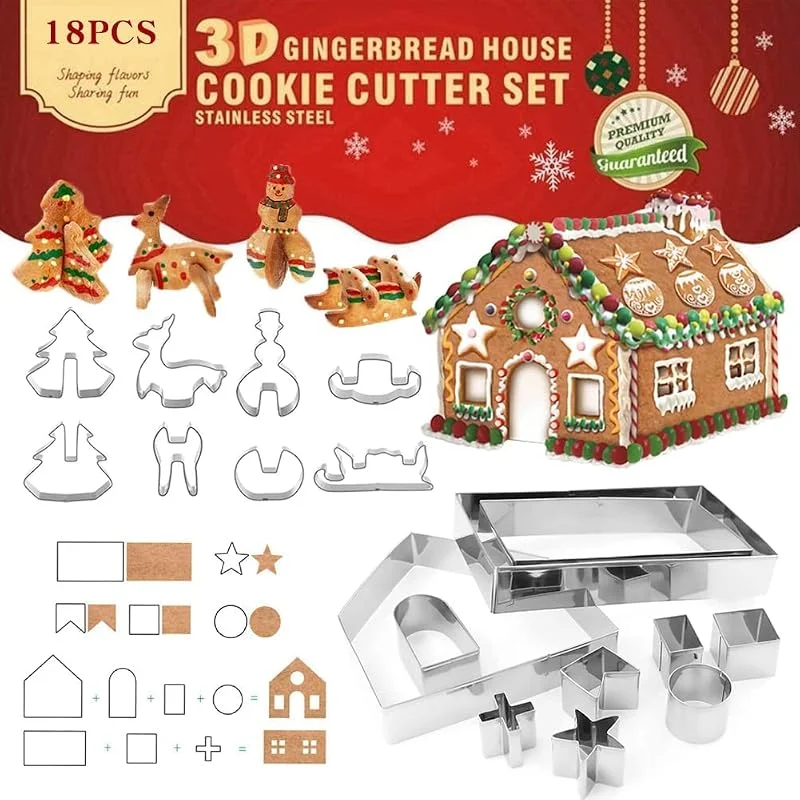ZHOUHON 18 Piezas, Molde de Galletas Navideñas, 3D Casa Galleta De Jengibre, Juego de Cortadores de Galletas de Navidad para Hornear, Acero Inoxidable Galletas Cortador, para Accesorio de Cocina (Navidad-03F) — Hogar y cocina