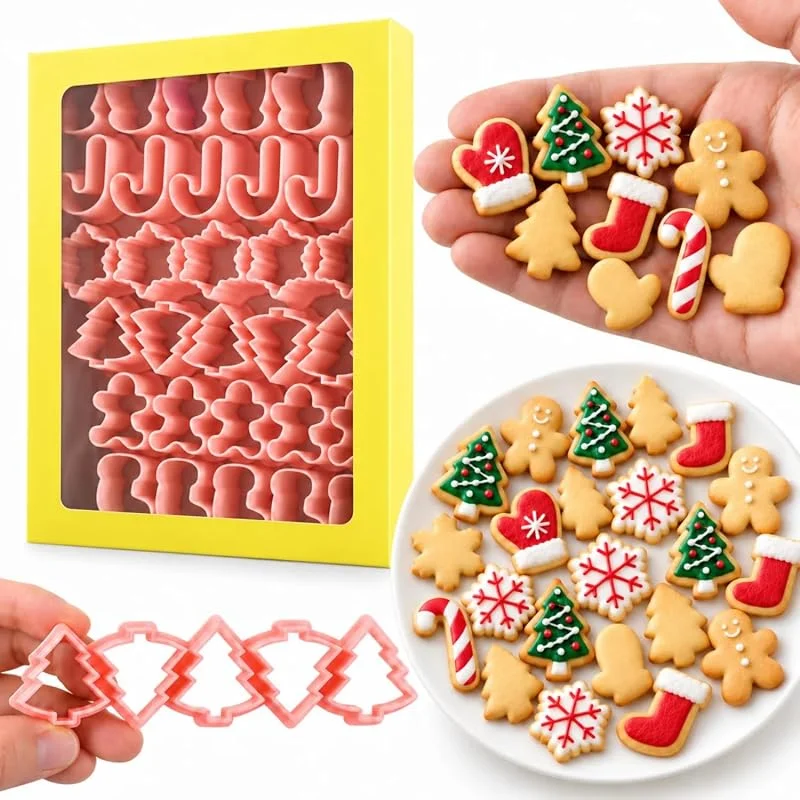 ririess Juego de cortadores de galletas de Navidad – Hombre de jengibre, árbol, copos de nieve, bastones de caramelo, guantes, medias de Navidad, mini cortadores de galletas de vacaciones para mini fondant — Hogar y cocina