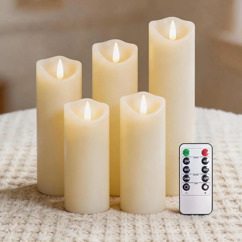PinnWaa Velas LED de Pilar, 5 Piezas, Cera Real, Mando, Temporizador, Marfil — Luces Navidad