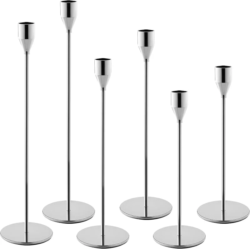 LCXCXY Juego de 6 Candelabros para Velas, 6 Portavelas Plata, 3 Candelabro cónicos de Diferentes Alturas. Los Porta Velas Son adecuados para Boda con Candelabros, Fiesta de Cumpleaños, Velas Decorativas — Cena a la luz de velas
