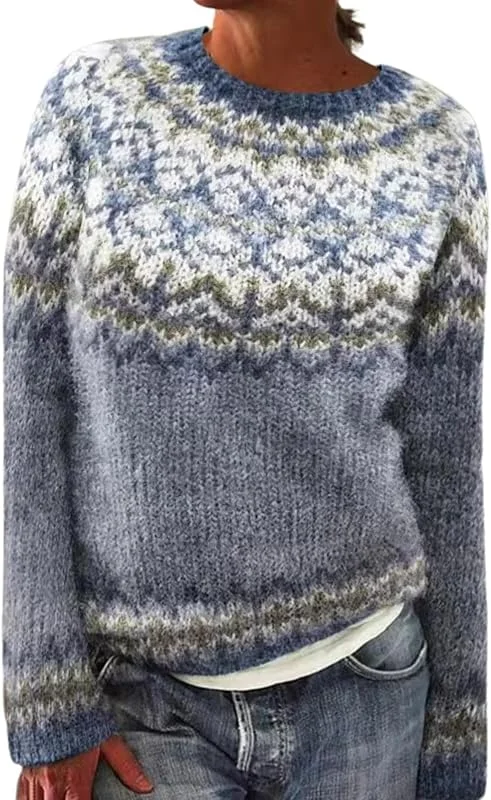 Generic HUIFUAO Fair Isle Jumpers - Suéter de Navidad para mujer, talla grande, ropa de punto noruego, nórdico, islandés, cálido, grueso, vintage, manga larga, sudadera, Z01 Gris, M — Ropa Navidad
