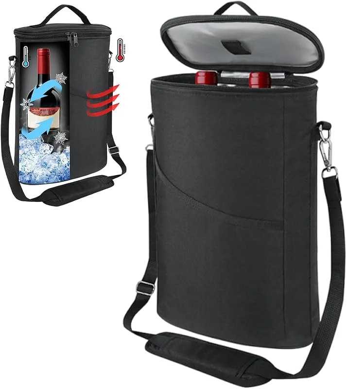 Genérico Bolsa Enfriadora para Vino, Portabotellas Térmico para 2 Botellas, Bolsa Isotérmica Impermeable con Asa Ajustable y Mango - Cerveza Champagne Vino Whiskey Unisex — Vino y mesa festiva