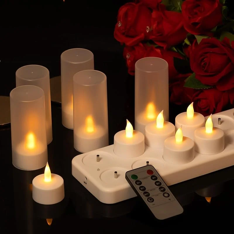 Kujizpu 12 Piezas Velas LED, Velas de Té LED Recargables con Control Remoto, Velas sin Llama con Estación de Carga y Cable USB, para Halloween Navidad Decoración de Calabaza — Cena a la luz de velas