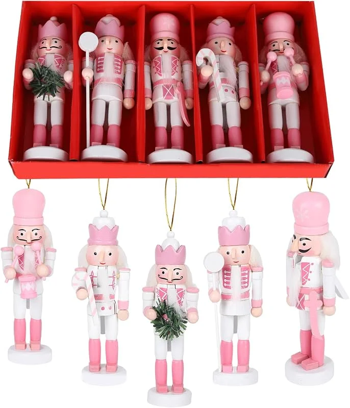 Jodsen 5 Pcs Cascanueces Soldado Rosa, 13 cm de Navidad de Madera Soldado Cascanueces, Adornos Cascanueces de Navidad, Cascanueces de Madera Set Soldados para la decoración del árbol de Navidad — Decoracion Navidad