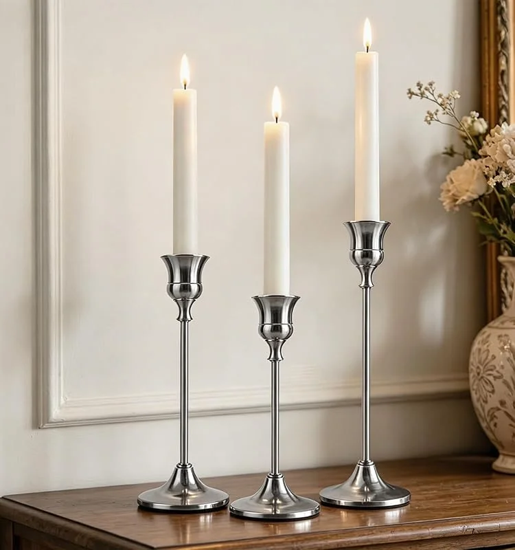 Filltown Candelabros plateados, 3 unidades, candelabros plateados, portavelas de varilla vintage, para repisas de chimenea, cumpleaños, centro de mesa, bodas, cenas, decoración del hogar — Cena a la luz de velas
