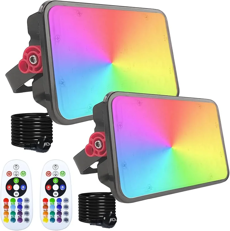 Visita la tienda de Indmird Foco LED RGB Exterior 50W, Indmird 2 Piezas Focos Led con Control Remoto 16 Millones de Colores 4 Modos IP66 Impermeable Regulable Proyector RGB Exterior Para Jardín Fiestas Terraza Hotel Navidad — Luces Navidad