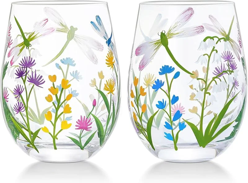Visita la tienda de NymphFable NymphFable Vaso de Vino sin Tallo Pintado a Mano 18oz Juego de 2 Vasos de Vino con Flores de Libélula Regalos de Cumpleaños Personalizados para Ella — Vino y mesa festiva