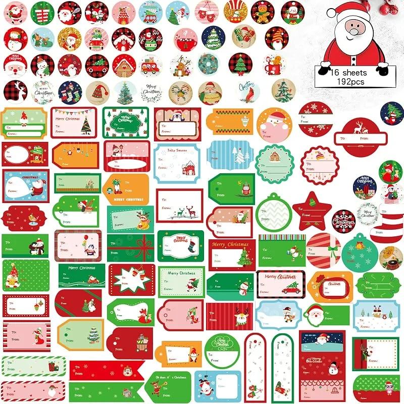WUERKIYA 192pcs Pegatinas de Navidad Decoración de Navidad Etiquetas de Nombre Lables Pegatinas Autoadhesivas Pegatinas de Navidad Pegatinas Etiquetas sobre Bolsas de Regalo Bolsas de Papel — Envoltorio regalo
