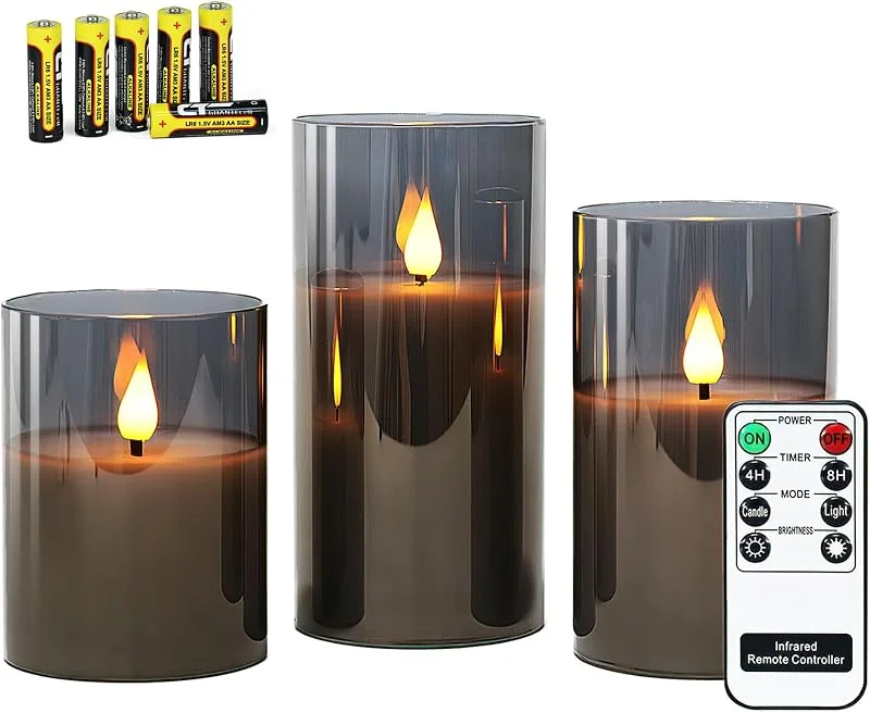 Visita la tienda de Rhytsing Rhytsing 3 Velas led de Cristal Gris con Mando para Navidad, Velas a Pilas con Temporizador Decorativas Grandes, Altura 10cm, 12, 5cm, 15cm (Gris) — Luces Navidad