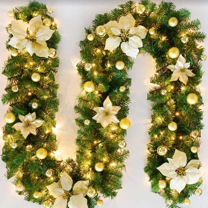 FGHB 2.7M, 9FT Guirnalda Navidad, Guirnaldas Navideñas con Luces, y 220 Puntas de Ramas, con 30 LED Luces, para Escaleras, Chimenea, Puerta, Interior, Exterior Decoracion Navidad