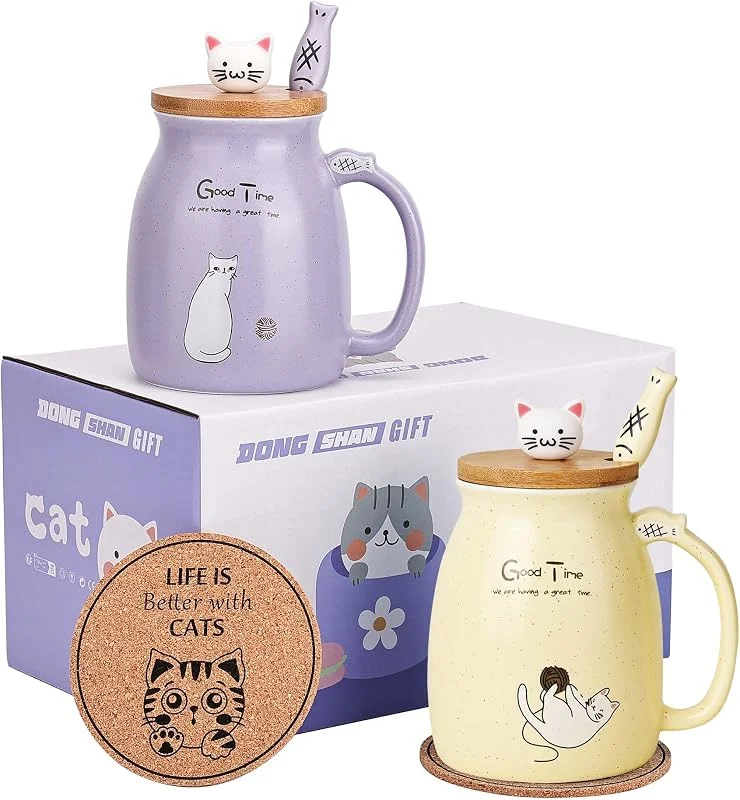 Visita la tienda de DONGSHANGIFT Juego de 2 tazas de gato Taza de Té Gato Taza de Cerámica con Tapa y Cuchara Kawaii Tazas para Mujer 500ml Navidad Cumpleaños Taza Regalo Gato (Morado y Amarillo) — Adviento y mesa