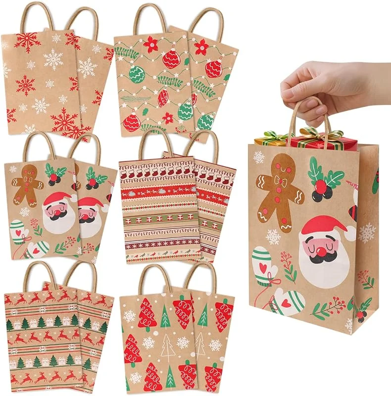 Behiruch 12 Piezas Bolsas Regalo Navidad Papel Kraft, Bolsas de Regalo Navidad Reutilizables Plegable, Bolsas De Papel Bombones con Asas para Regalos de Fiesta Navideña (21 x 15 x 8 cm) — Envoltorio regalo