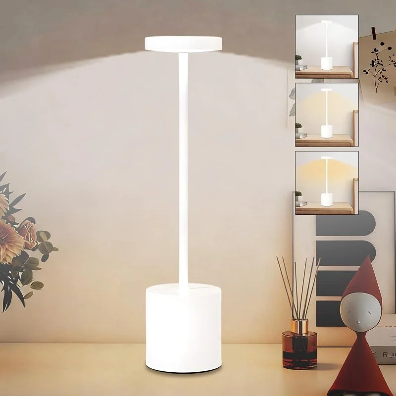 KZARYVEXIS Lámpara LED inalámbrica táctil recargable, temperatura tricolor, brillo ajustable, para mesitas de noche, comedor, exterior, color blanco — Cena a la luz de velas