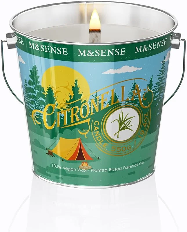 M&SENSE Velas Citronela y Menta Aromática Grande XXL, Velas Larga Duracion Cera de Soja 110h, Frescura para Exterior Jardín y Terraza, 550g Lata, Velas Aromáticas Grandes — Cena a la luz de velas