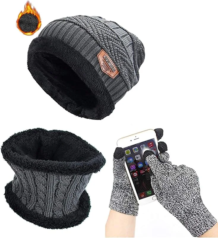 ASYBHYY Gorras Invierno con Bufanda y Guantes Táctiles Antideslizante 3 en 1 de Punto Sombreros Slouchy Calentar Gorro con Forro Polar para Mujeres y Hombres — Ropa Navidad