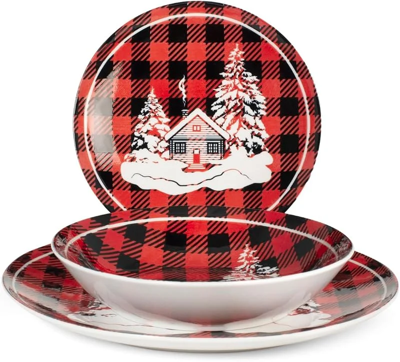 ROYAL NORFOLK HOME Royal Norfolk Cottage - Juego de mesa (18 platos, porcelana, rojo, Navidad — Adviento y mesa