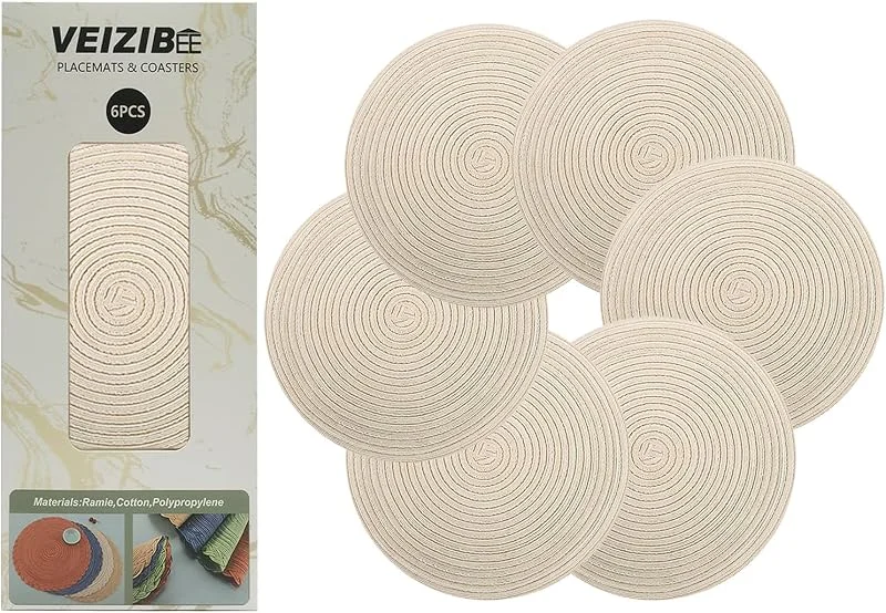 Visita la tienda de VEIZIBEE Manteles Individuales Redondos Trenzados 30cm También como Posavasos para café, Placemats Trenzados Lavables，Material Natural， para Mesa de Comedor、Bar、Sala、Fiesta cumpleaños (Blanco) — Hogar y cocina