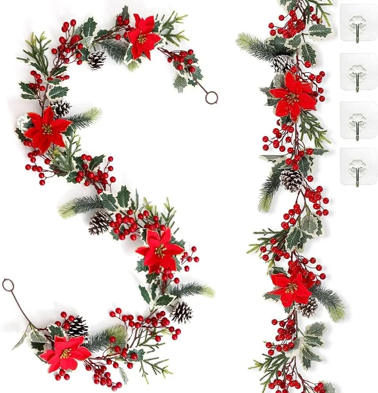 SOMYTING 2 guirnaldas de Bayas Artificiales con Hojas Verdes, Guirnalda de Navidad con Bayas Rojas, Guirnalda de Abeto, Guirnalda de Bayas Rojas para Bodas, chimeneas, escaleras, decoración de Mesa — Decoracion Navidad
