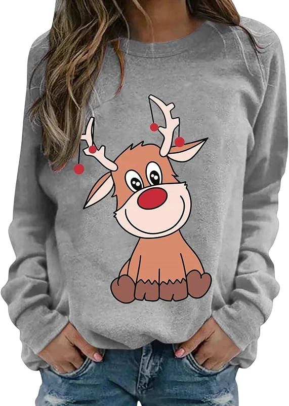 tacniseyw Suéter de Navidad para mujer, con estampado gráfico de reno, sudadera de manga larga para mujer, camiseta fea de cuello redondo, sudadera casual de Navidad, novedosa camiseta gráfica — Ropa Navidad