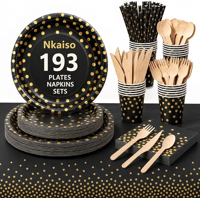 Nkaiso Vajilla de fiesta, 193piezas Negro puntos dorados Reutilizable set de juego de platos y cubiertos, cubertería de cartón, vasos y servilletas, para cumpleaños, bodas, aniversarios -24 invitados — Adviento y mesa