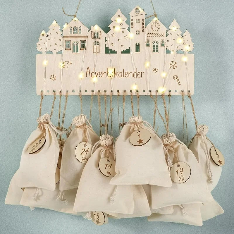 I LOVE MOM Calendario de Adviento para rellenar, bolsa de algodón, con virutas de madera digitales, bolsa de regalo para decorar uno mismo, calendario de Adviento de Navidad para colgar, 24 bolsas de algodón — Adviento y mesa